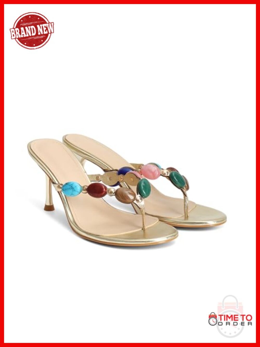 Jeweled Thong Kitten Heel Sandals Open Toe Strappy Slip On Mules for Women